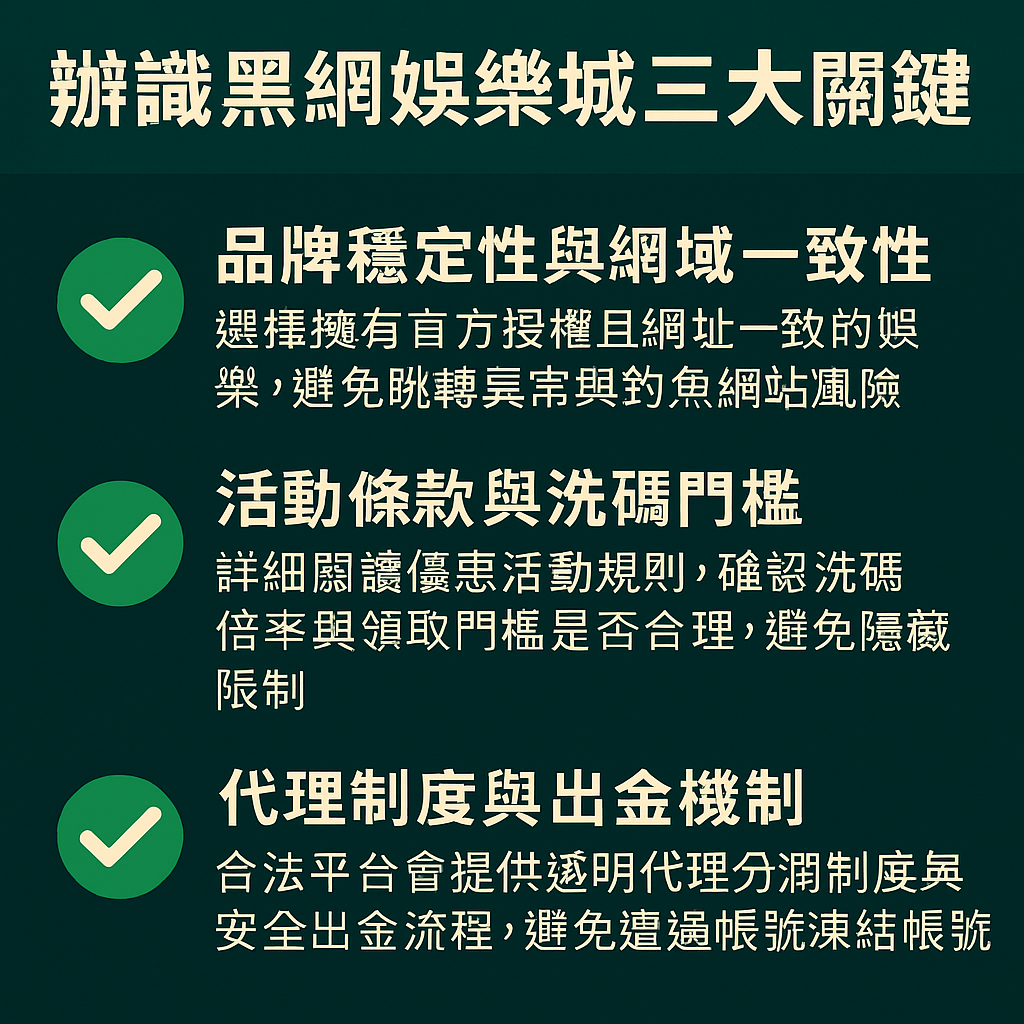 辨識黑網娛樂城的三大重點，包括品牌網域一致性、優惠條件透明與出金制度保障